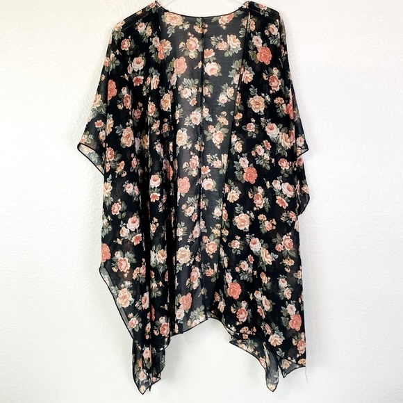 Black Floral Open Front Kimono Cover Up OS - Picture 3 of 4